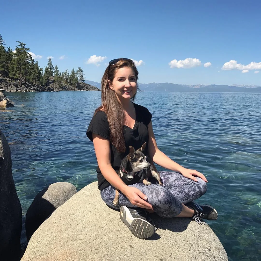 Samantha with her dog Monty at Lake Tahoe