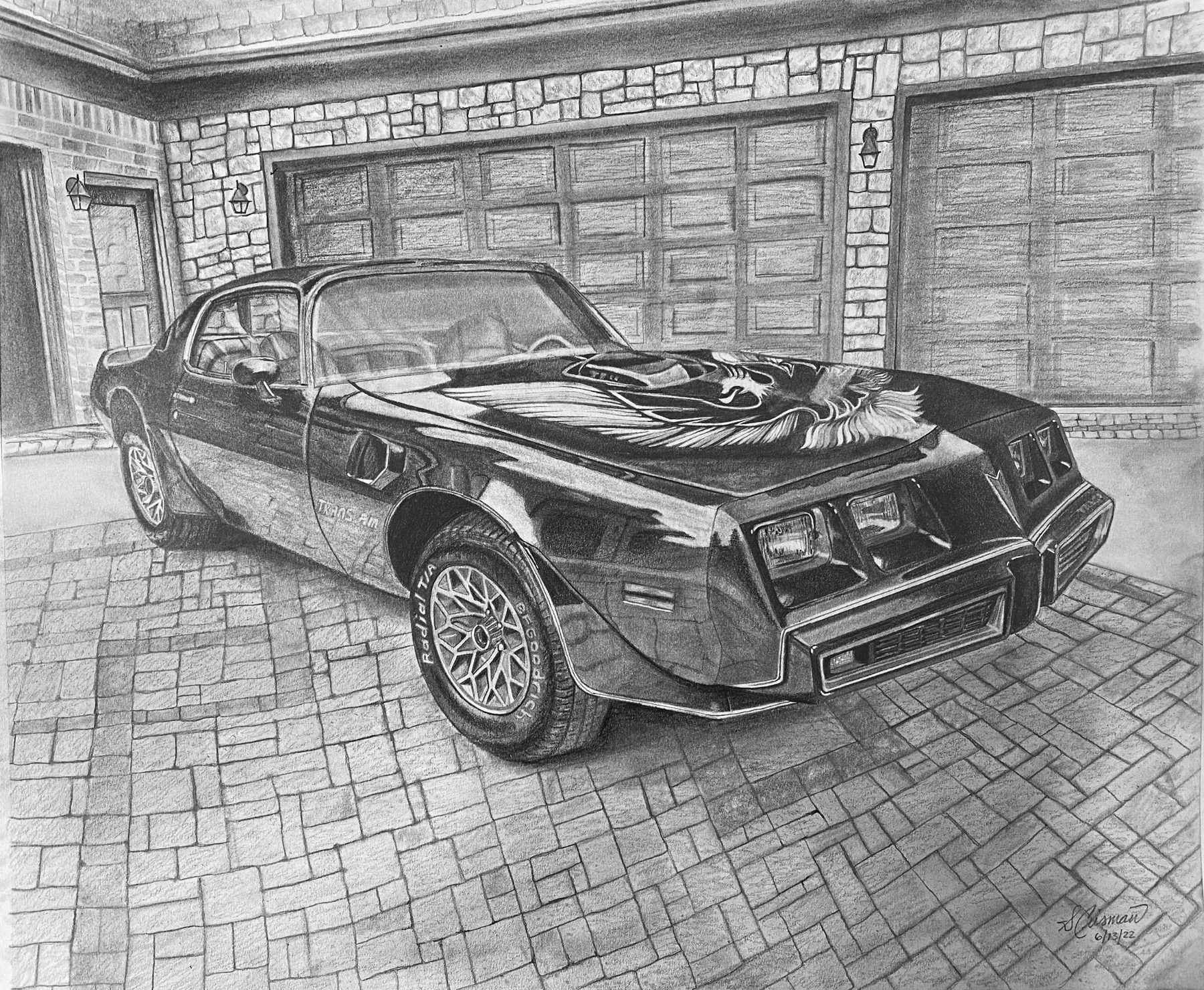 Detailed graphite drawing of a Trans Am